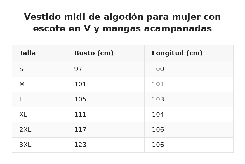 Vestido midi de algodón para mujer con escote en V y mangas acampanadas — guía de tallas