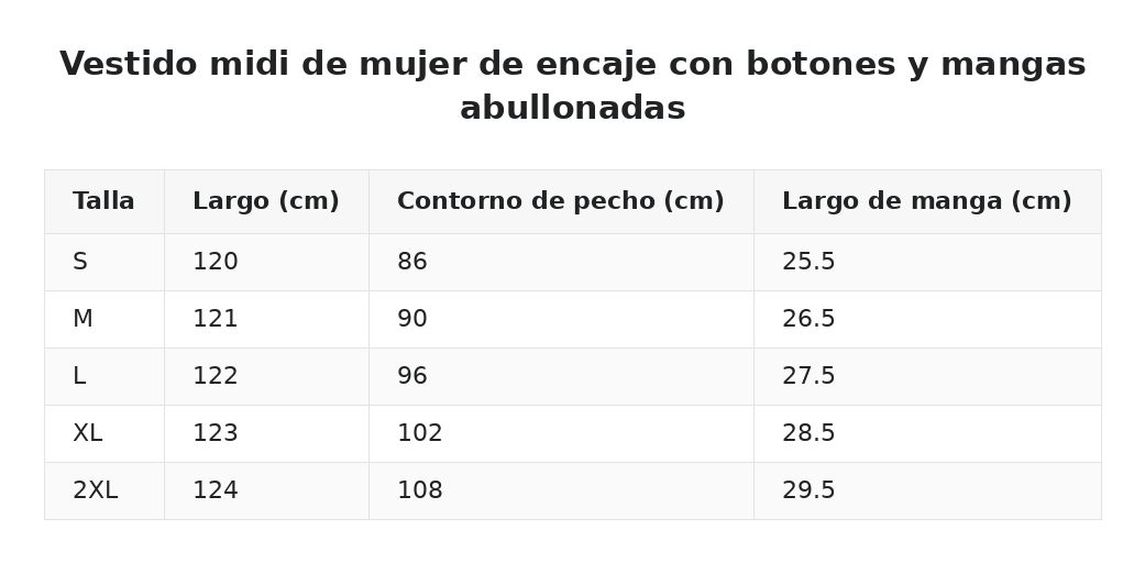 Vestido midi de mujer de encaje con botones y mangas abullonadas — guía de tallas