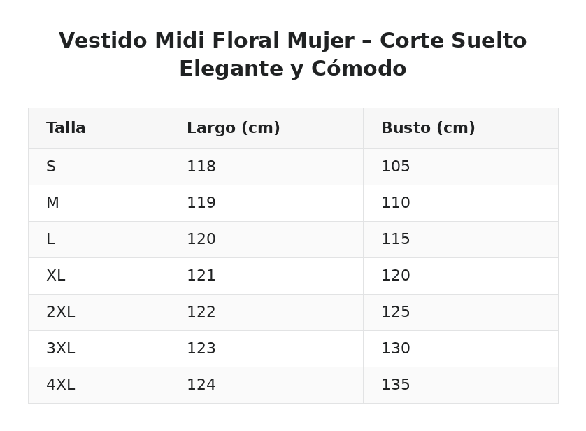Vestido Midi Floral Mujer – Corte Suelto Elegante y Cómodo — guía de tallas