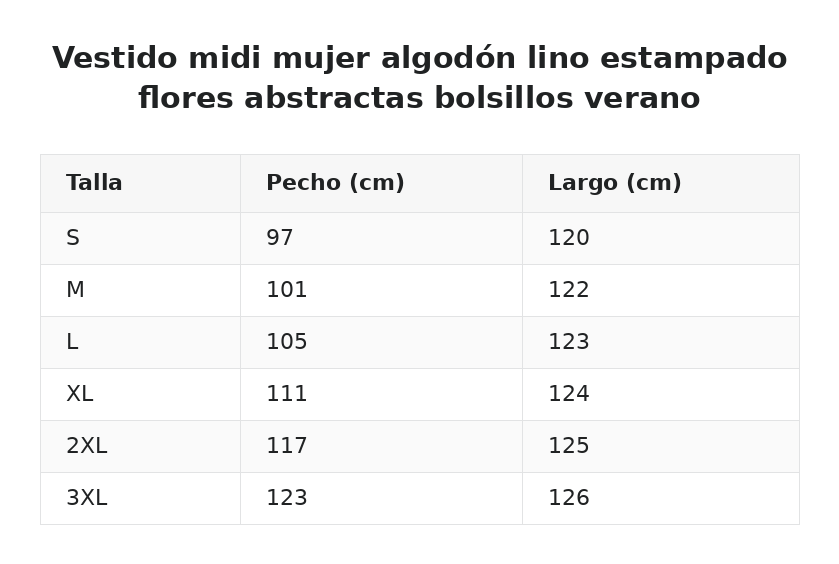 Vestido midi mujer algodón lino estampado flores abstractas bolsillos verano — guía de tallas