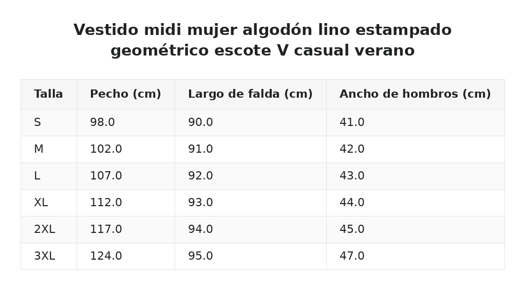 Vestido midi mujer algodón lino estampado geométrico escote V casual verano — guía de tallas