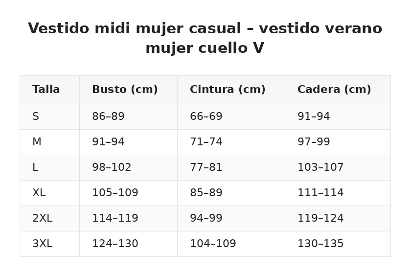 Vestido midi mujer casual – vestido verano mujer cuello V — guía de tallas