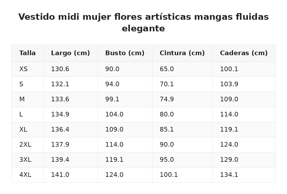 Vestido midi mujer flores artísticas mangas fluidas elegante — guía de tallas