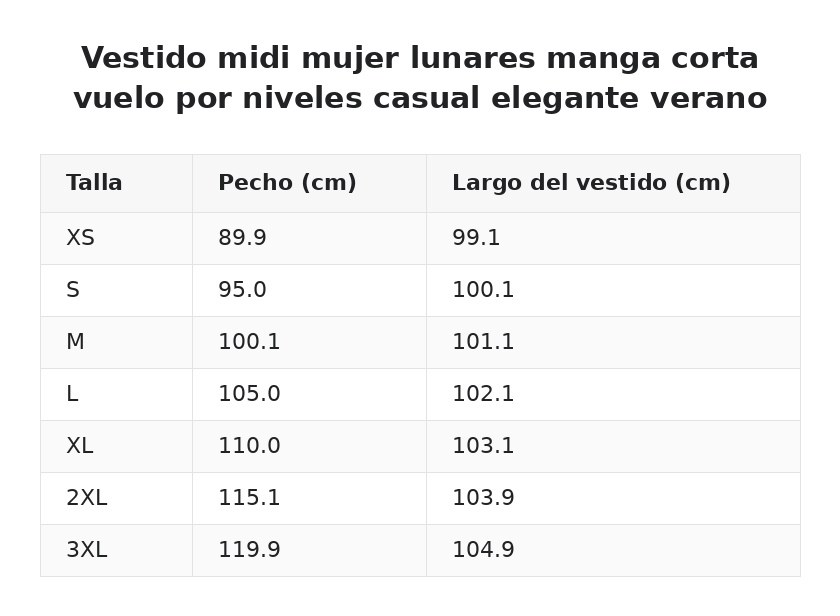 Vestido midi mujer lunares manga corta vuelo por niveles casual elegante verano — guía de tallas