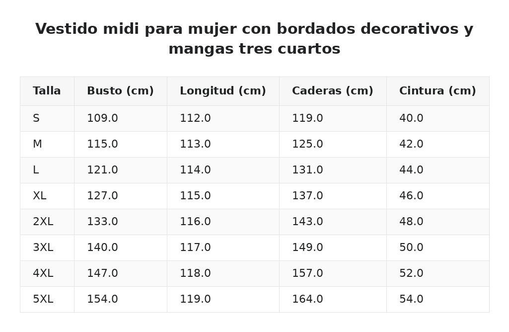 Vestido midi para mujer con bordados decorativos y mangas tres cuartos — guía de tallas
