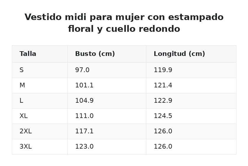 Vestido midi para mujer con estampado floral y cuello redondo — guía de tallas