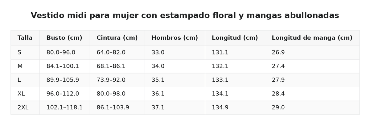 Vestido midi para mujer con estampado floral y mangas abullonadas — guía de tallas