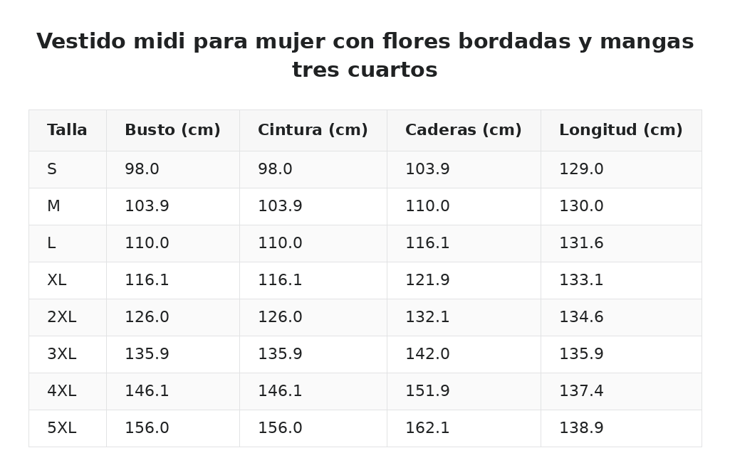 Vestido midi para mujer con flores bordadas y mangas tres cuartos — guía de tallas