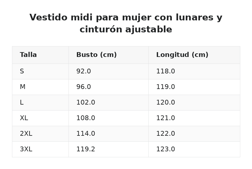 Vestido midi para mujer con lunares y cinturón ajustable — guía de tallas
