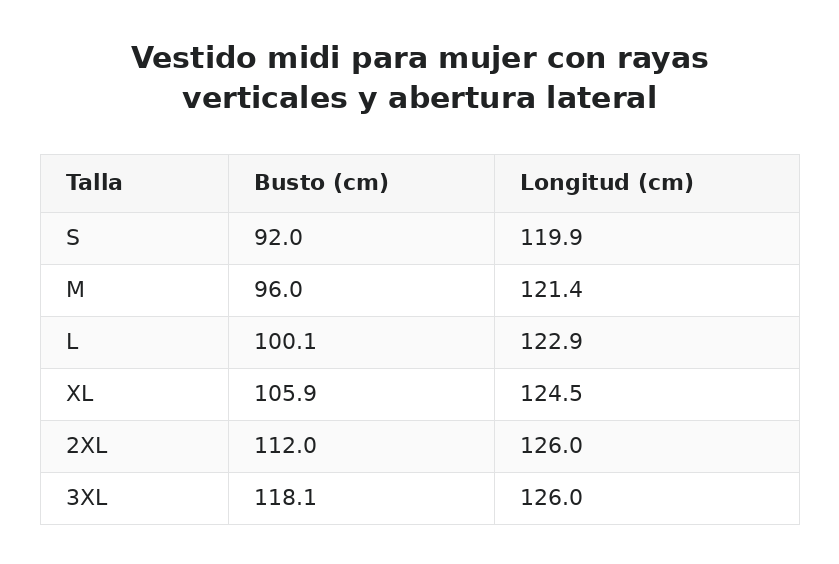 Vestido midi para mujer con rayas verticales y abertura lateral — guía de tallas