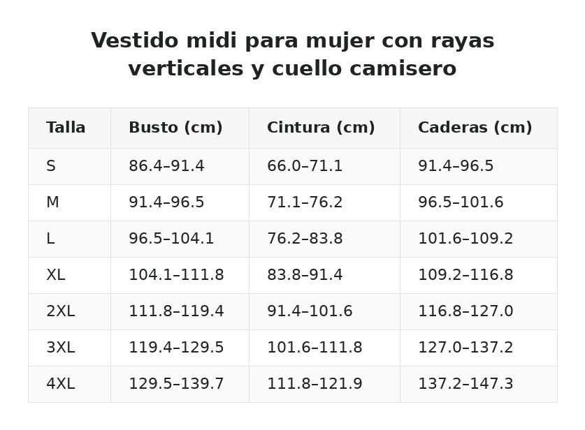 Vestido midi para mujer con rayas verticales y cuello camisero — guía de tallas