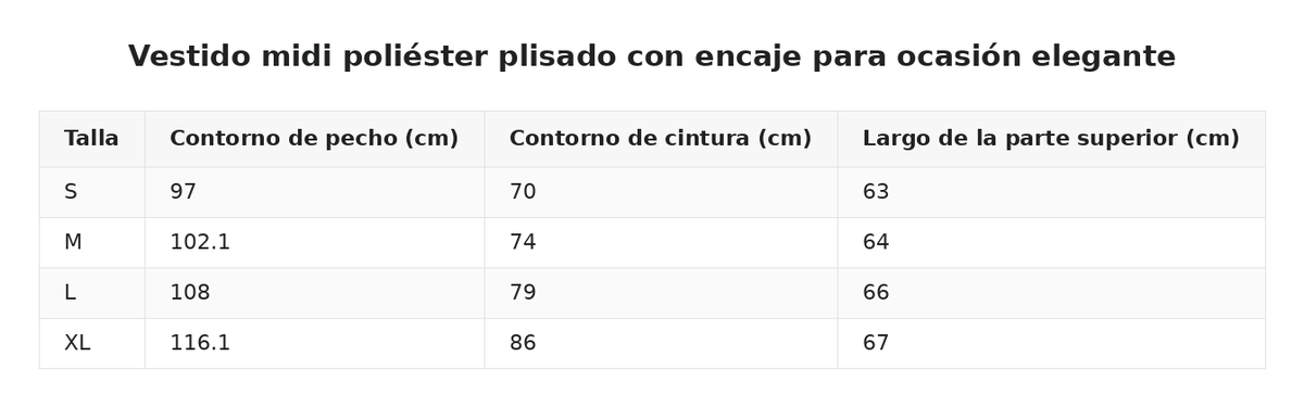 Vestido midi poliéster plisado con encaje para ocasión elegante — guía de tallas