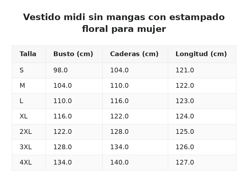 Vestido midi sin mangas con estampado floral para mujer — guía de tallas