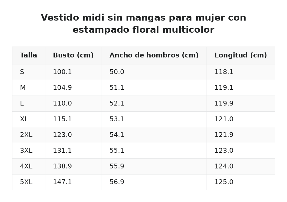 Vestido midi sin mangas para mujer con estampado floral multicolor — guía de tallas