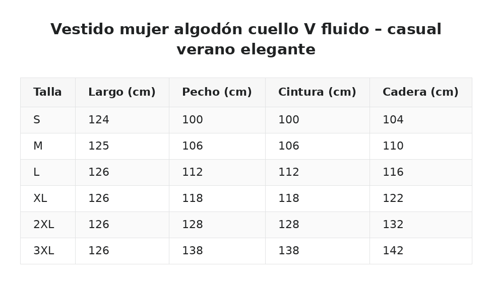 Vestido mujer algodón cuello V fluido – casual verano elegante — guía de tallas