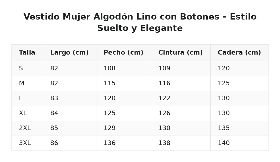 Vestido Mujer Algodón Lino con Botones – Estilo Suelto y Elegante — guía de tallas