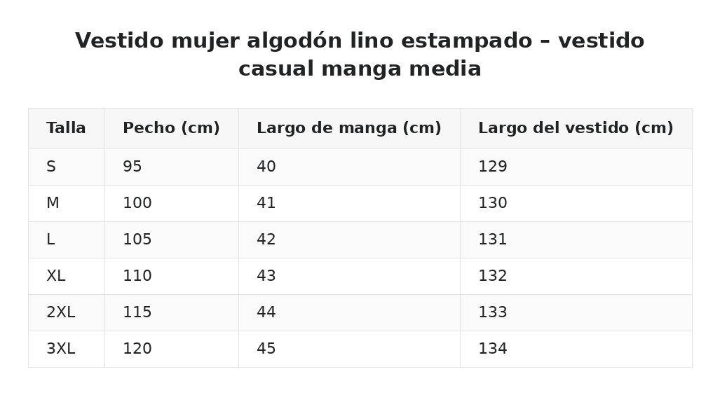 Vestido mujer algodón lino estampado – vestido casual manga media — guía de tallas
