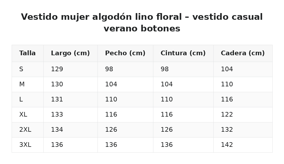 Vestido mujer algodón lino floral – vestido casual verano botones — guía de tallas