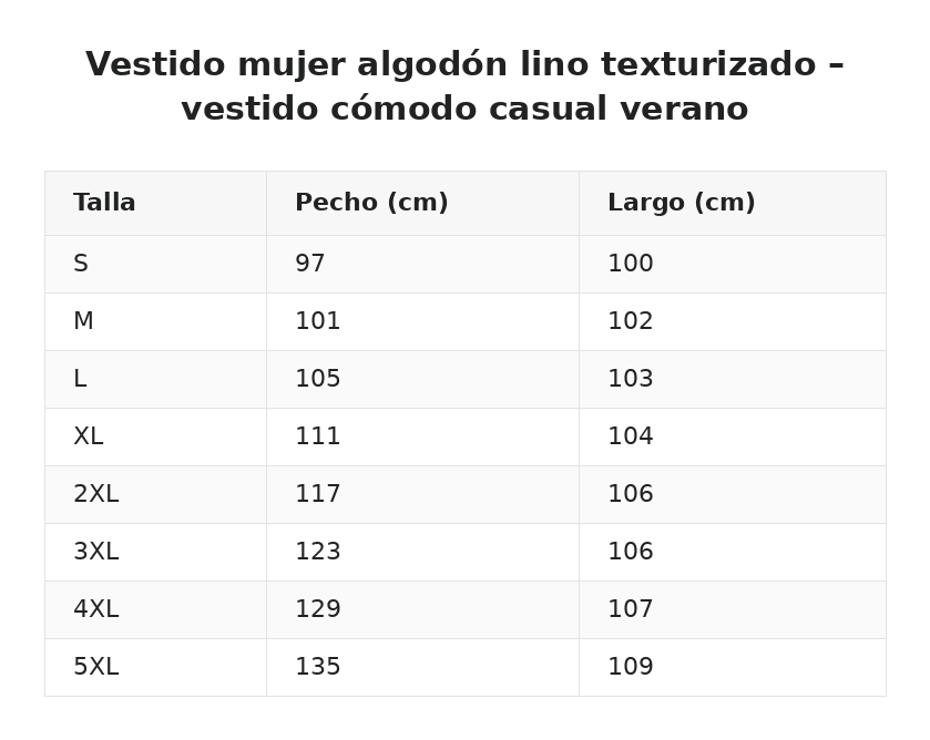 Vestido mujer algodón lino texturizado – vestido cómodo casual verano — guía de tallas
