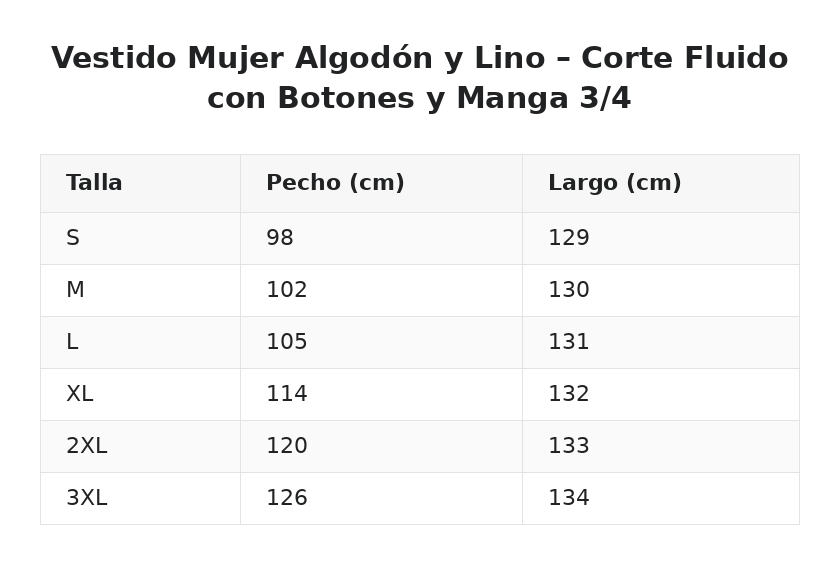 Vestido Mujer Algodón y Lino – Corte Fluido con Botones y Manga 3/4 — guía de tallas