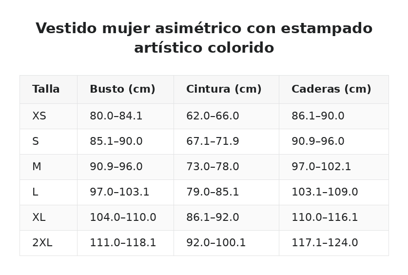 Vestido mujer asimétrico con estampado artístico colorido — guía de tallas