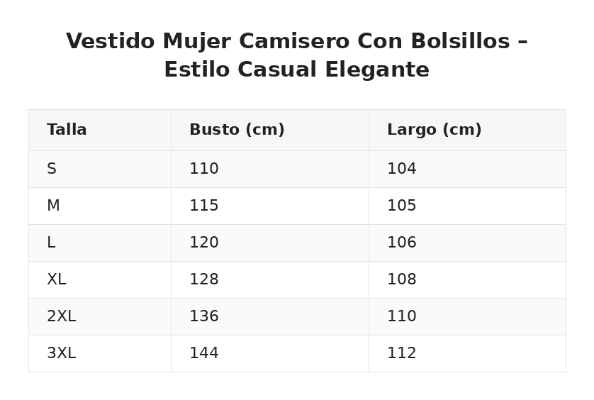 Vestido Mujer Camisero Con Bolsillos – Estilo Casual Elegante — guía de tallas