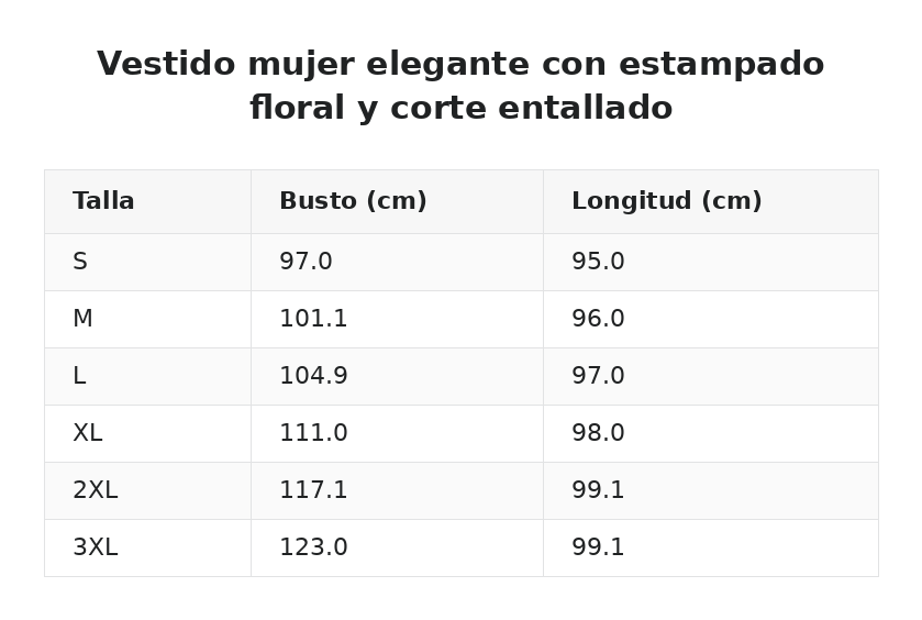 Vestido mujer elegante con estampado floral y corte entallado — guía de tallas