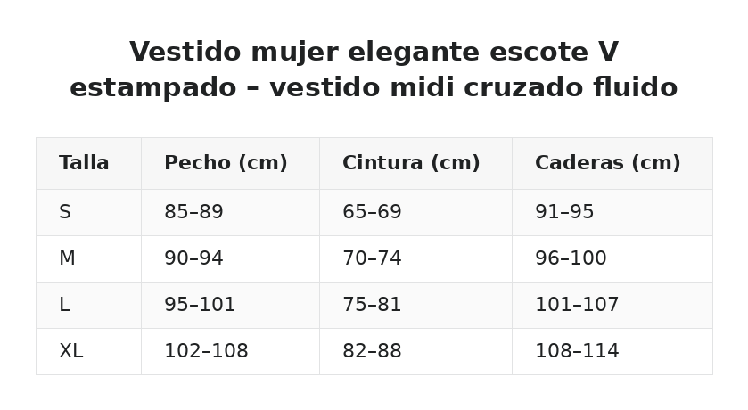 Vestido mujer elegante escote V estampado – vestido midi cruzado fluido — guía de tallas