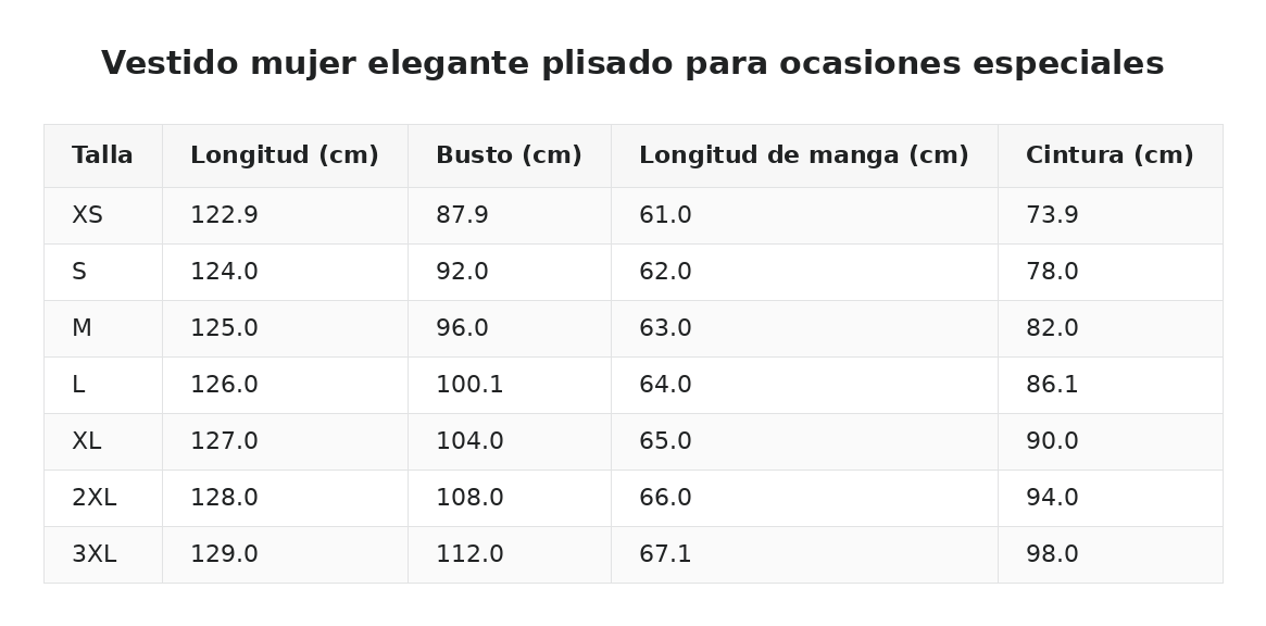 Vestido mujer elegante plisado para ocasiones especiales — guía de tallas