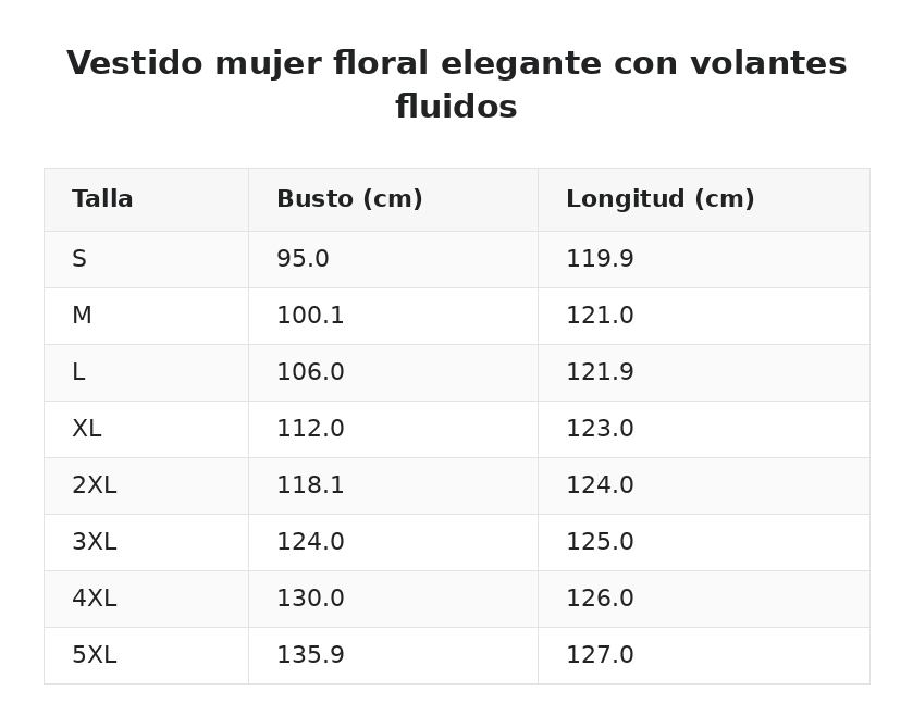Vestido mujer floral elegante con volantes fluidos — guía de tallas