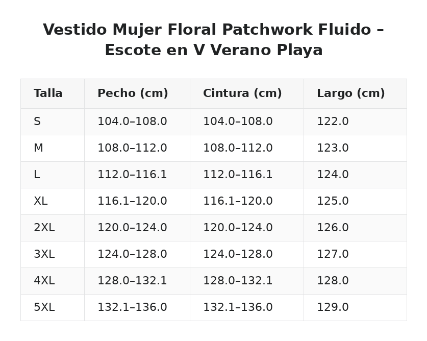 Vestido Mujer Floral Patchwork Fluido – Escote en V Verano Playa — guía de tallas