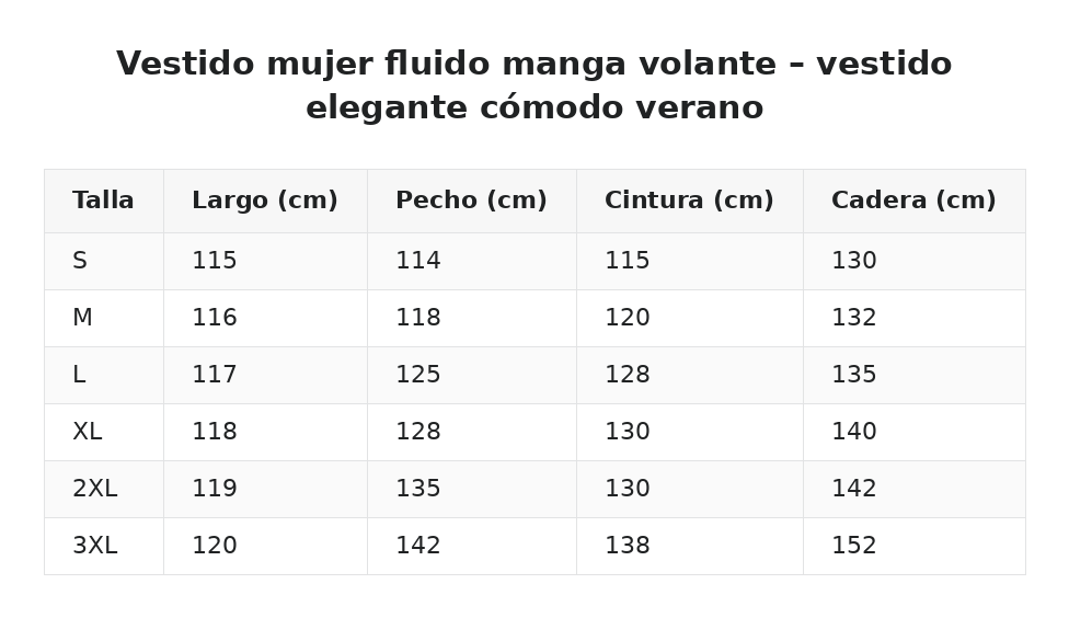 Vestido mujer fluido manga volante – vestido elegante cómodo verano — guía de tallas