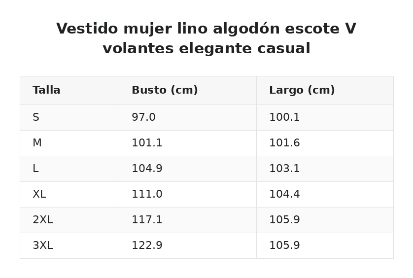 Vestido mujer lino algodón escote V volantes elegante casual — guía de tallas