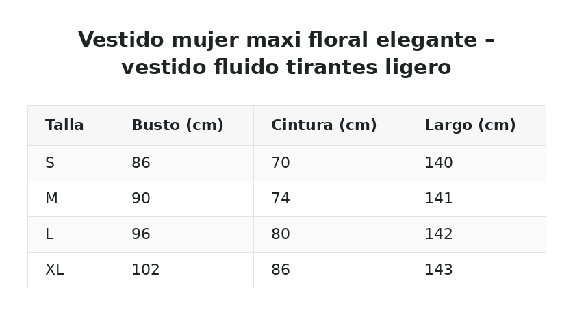 Vestido mujer maxi floral elegante – vestido fluido tirantes ligero — guía de tallas