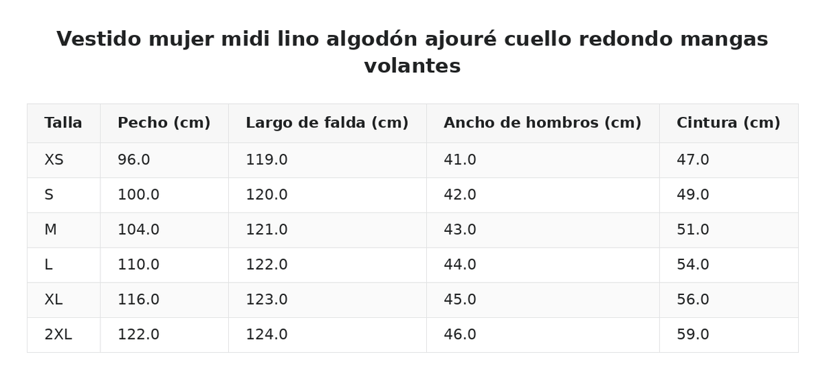Vestido mujer midi lino algodón ajouré cuello redondo mangas volantes — guía de tallas