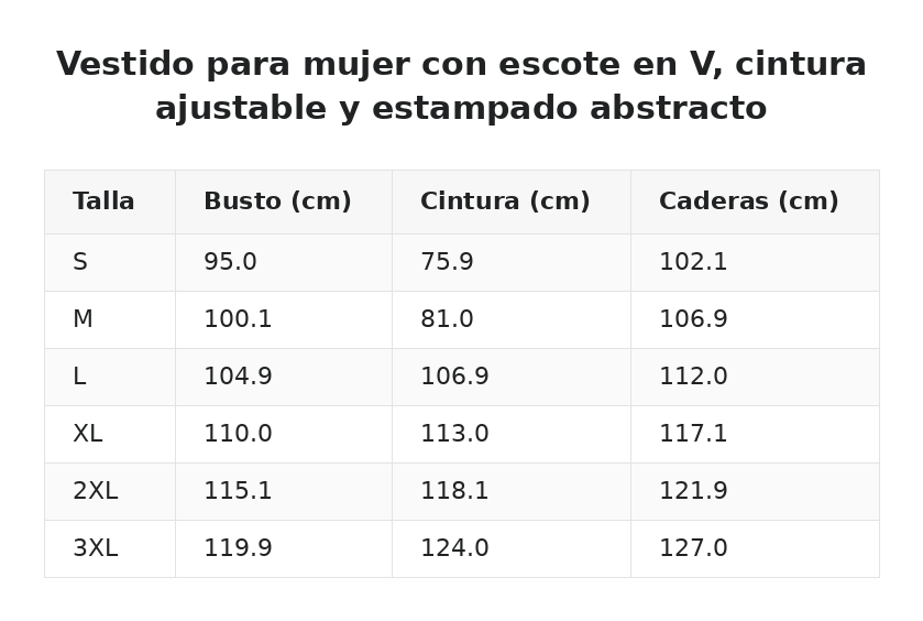 Vestido para mujer con escote en V, cintura ajustable y estampado abstracto — guía de tallas