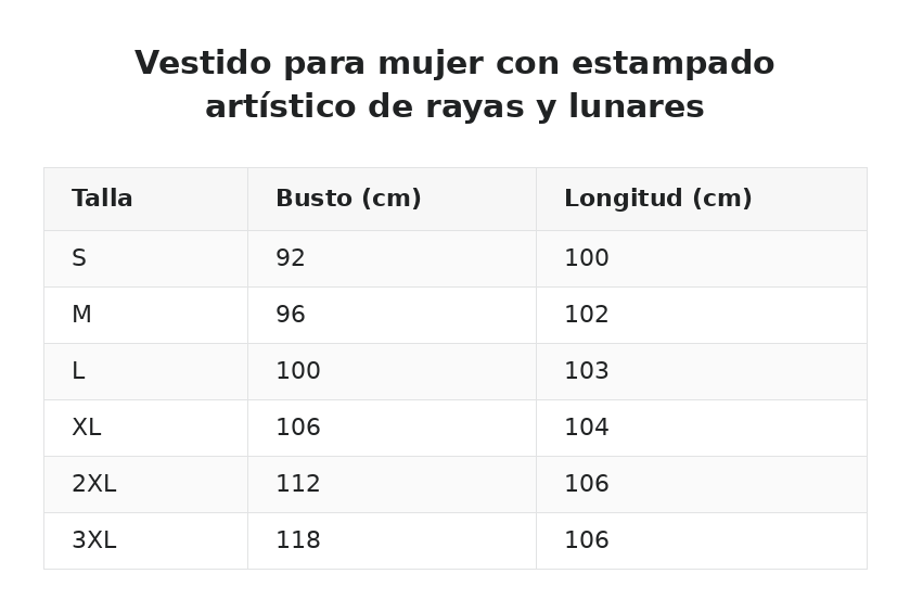 Vestido para mujer con estampado artístico de rayas y lunares — guía de tallas