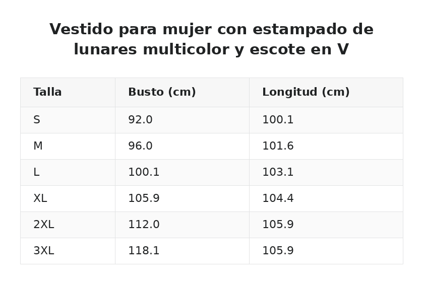 Vestido para mujer con estampado de lunares multicolor y escote en V — guía de tallas
