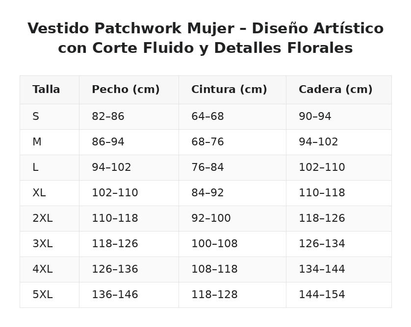 Vestido Patchwork Mujer – Diseño Artístico con Corte Fluido y Detalles Florales — guía de tallas