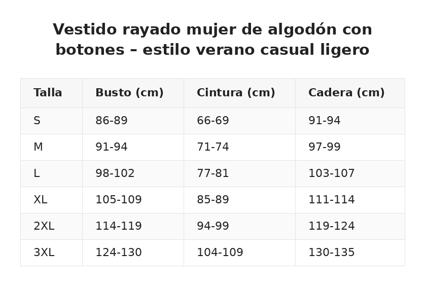Vestido rayado mujer de algodón con botones – estilo verano casual ligero — guía de tallas