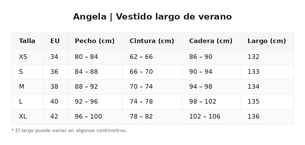 Angela | Vestido largo de verano — guía de tallas