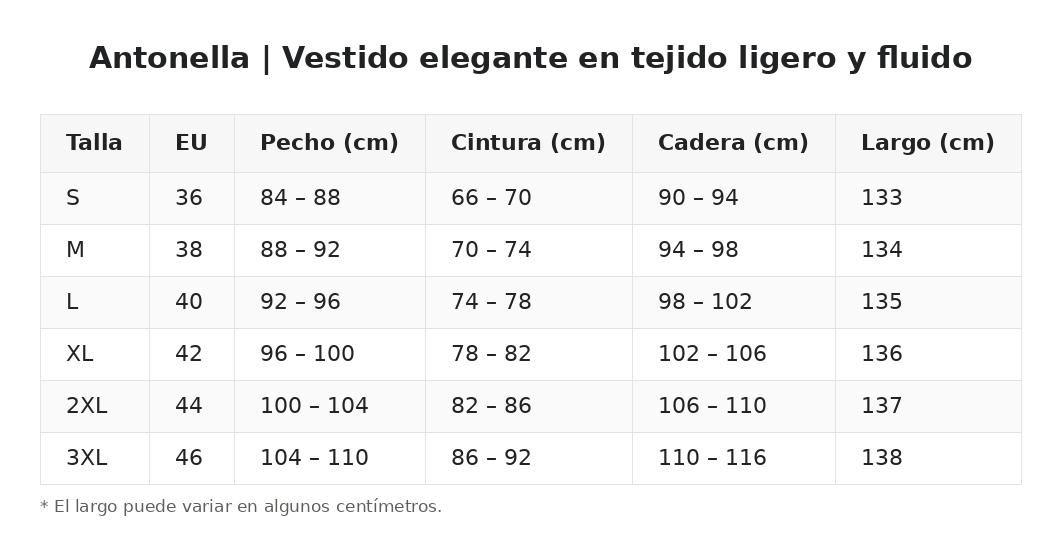 Antonella | Vestido elegante en tejido ligero y fluido — guía de tallas