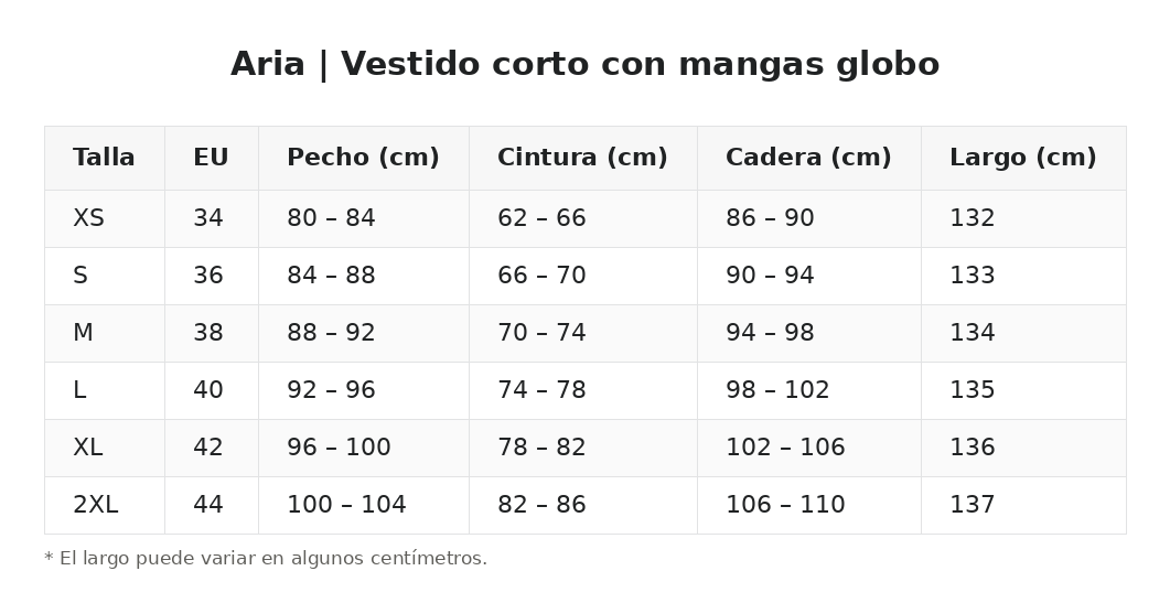 Aria | Vestido corto con mangas globo — guía de tallas