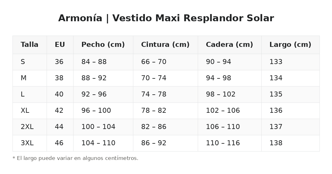 Armonía | Vestido Maxi Resplandor Solar — guía de tallas