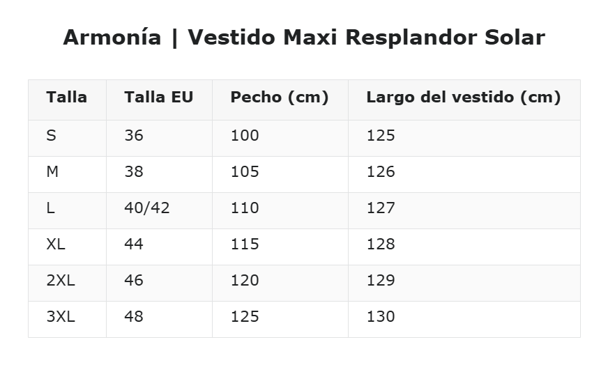 Armonía | Vestido Maxi Resplandor Solar — guía de tallas