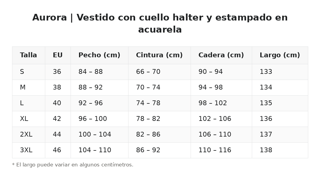 Aurora | Vestido con cuello halter y estampado en acuarela — guía de tallas
