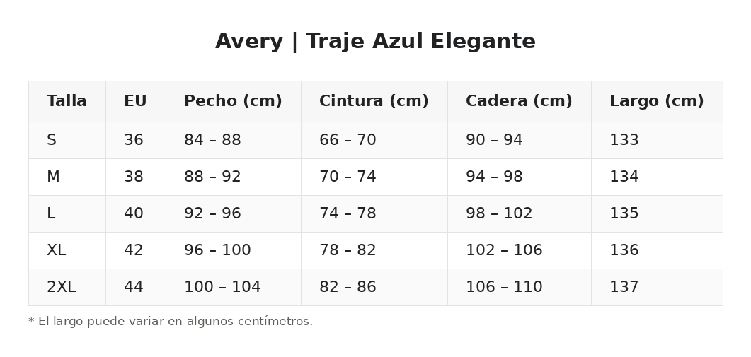 Avery | Traje Azul Elegante — guía de tallas