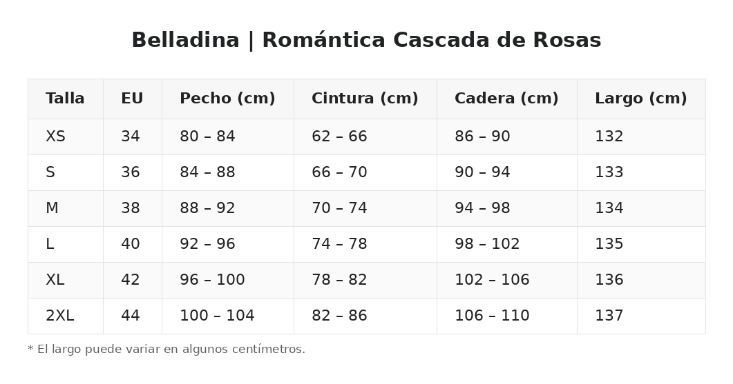 Belladina | Romántica Cascada de Rosas Vestido Largo con Escote Americano — guía de tallas