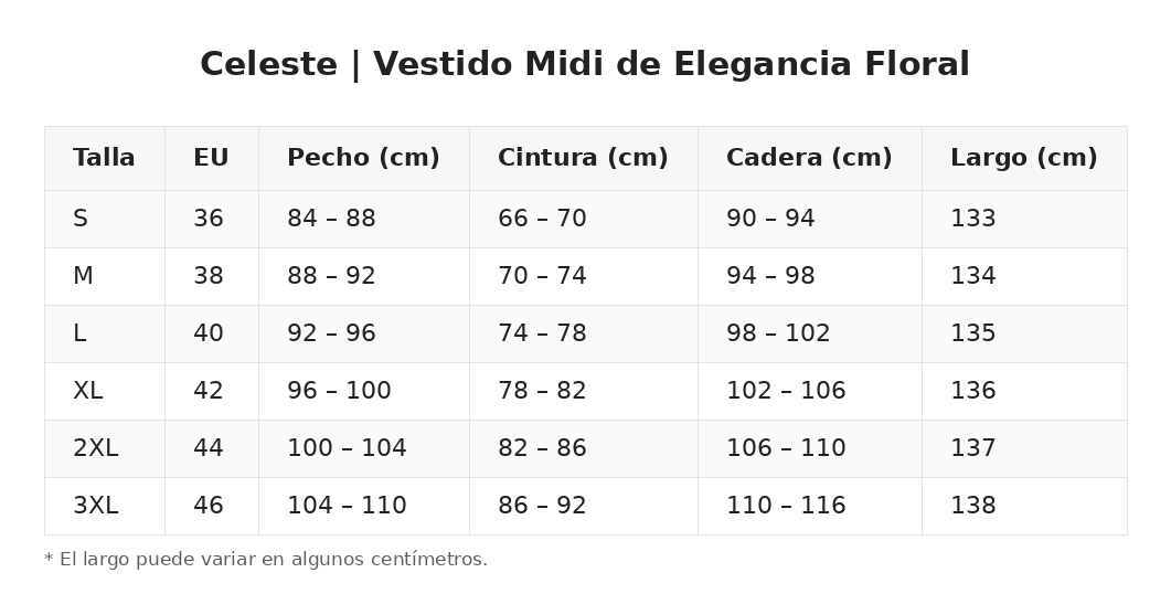 Celeste | Vestido Midi de Elegancia Floral — guía de tallas