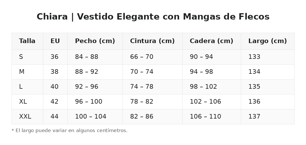 Chiara | Vestido Elegante con Mangas de Flecos — guía de tallas